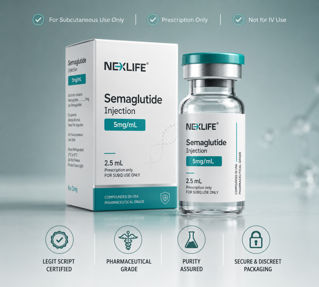 Semaglutide vial and telehealth packaging illustration