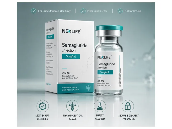 Semaglutide vial and telehealth packaging illustration